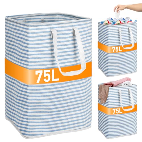 TAOPE 75L Wäschekorb, Pfandflaschen Sammelbehälter, Behälter Leergut & Altglas Aufbewahrung, Faltbare Wäschebox, Wasserdichter Wäschesortierer, Blau und weiß (1 Stück & Blau und weiß)