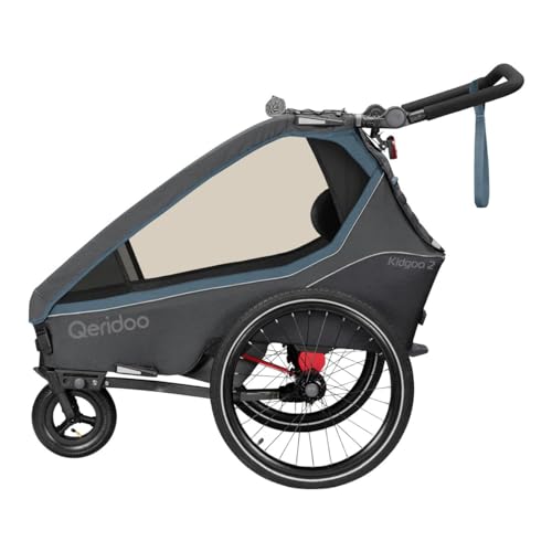 Qeridoo Fahrradanhänger Kidgoo 2 Navy Blue mit 5 Punkt Gurtsystem und Easy-ARS, faltbar, mit 360 Grad drehbaren, luftgefüllten Buggyrad und patentierten Kopfprotektoren, für 2 Kinder!